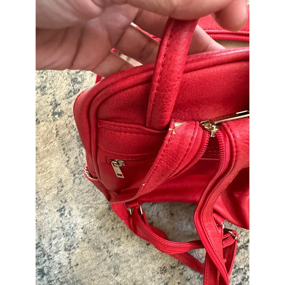Red‎ Mini Backpack Faux Leather Gold Tone Accents Small Casual Daypack